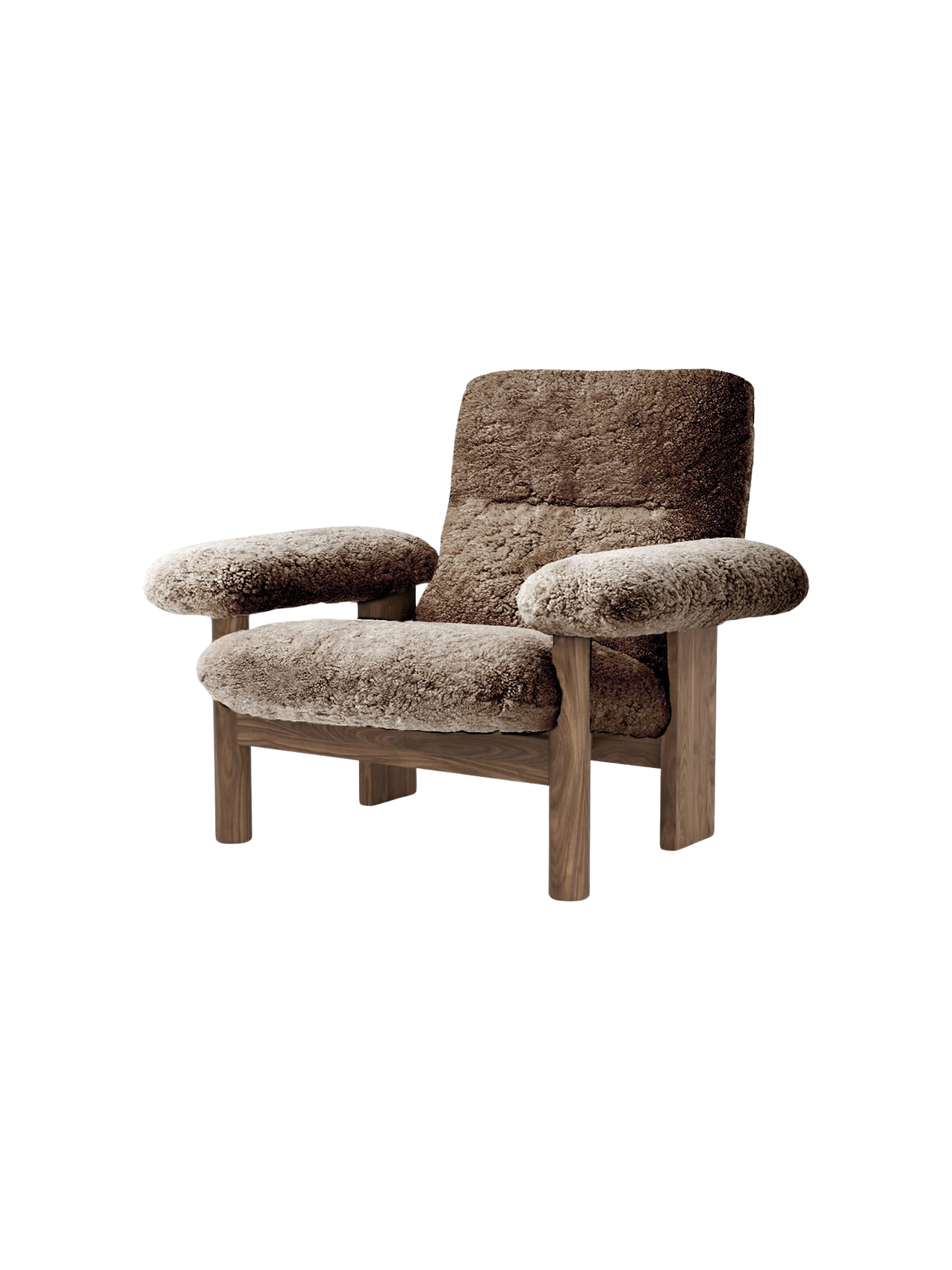 A Brasilia Lounge Chair, High Back, brown sheepskin upholstery, walnut frame, shown from an angle on a black background.