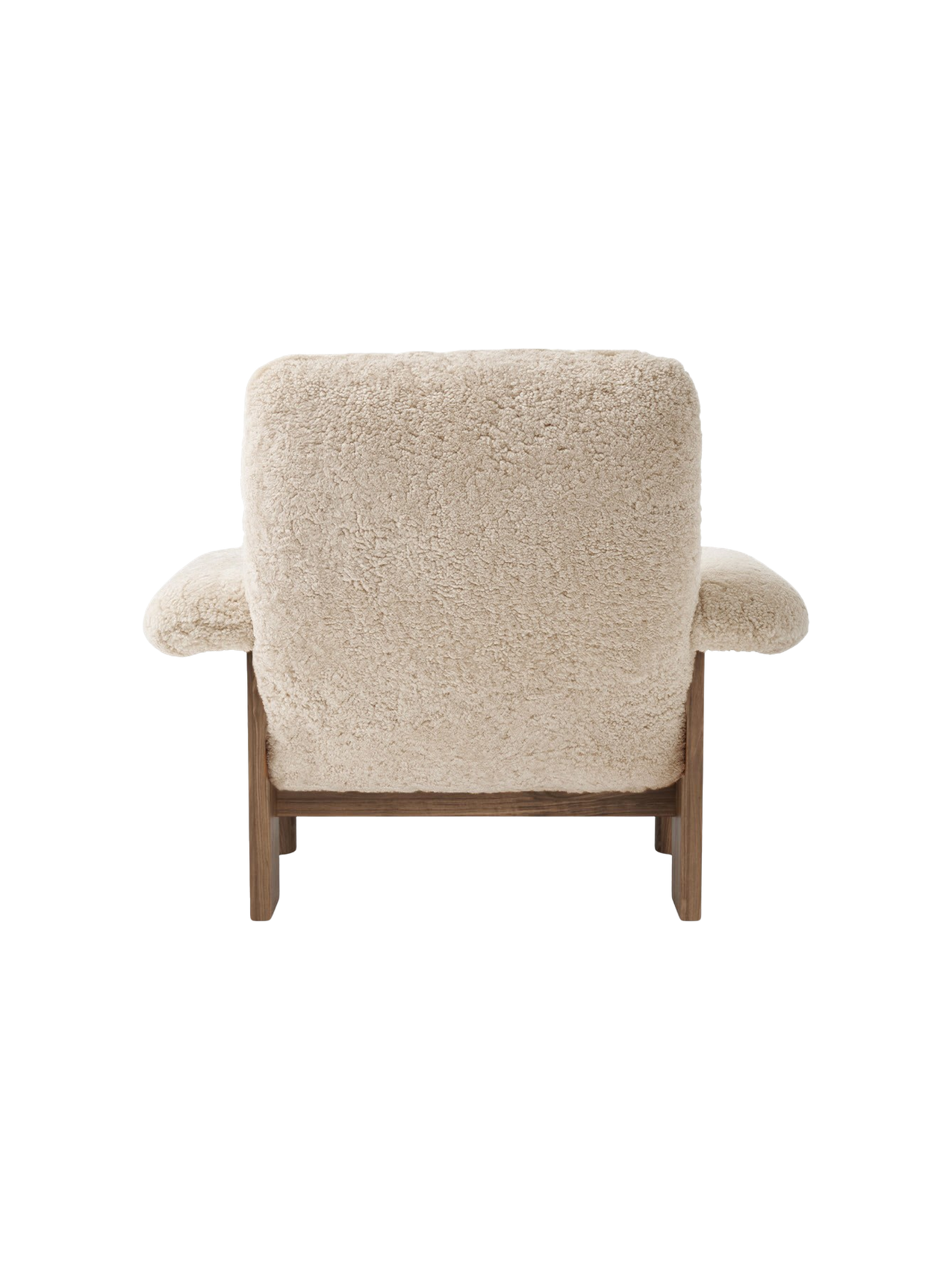 Back view of the Brasilia Lounge Chair, High Back, featuring cream sheepskin upholstery on a dark walnut frame.