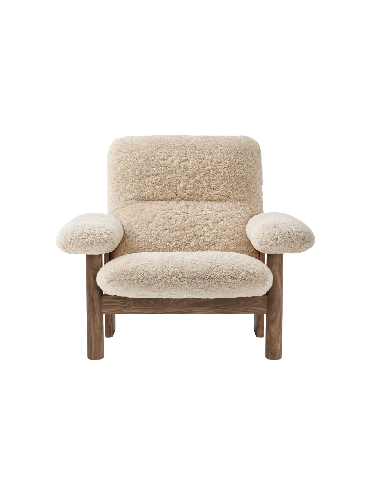 Front view of the Brasilia Lounge Chair, High Back, Sheepskin. With a dark wood frame and plush cream sheepskin upholstery.