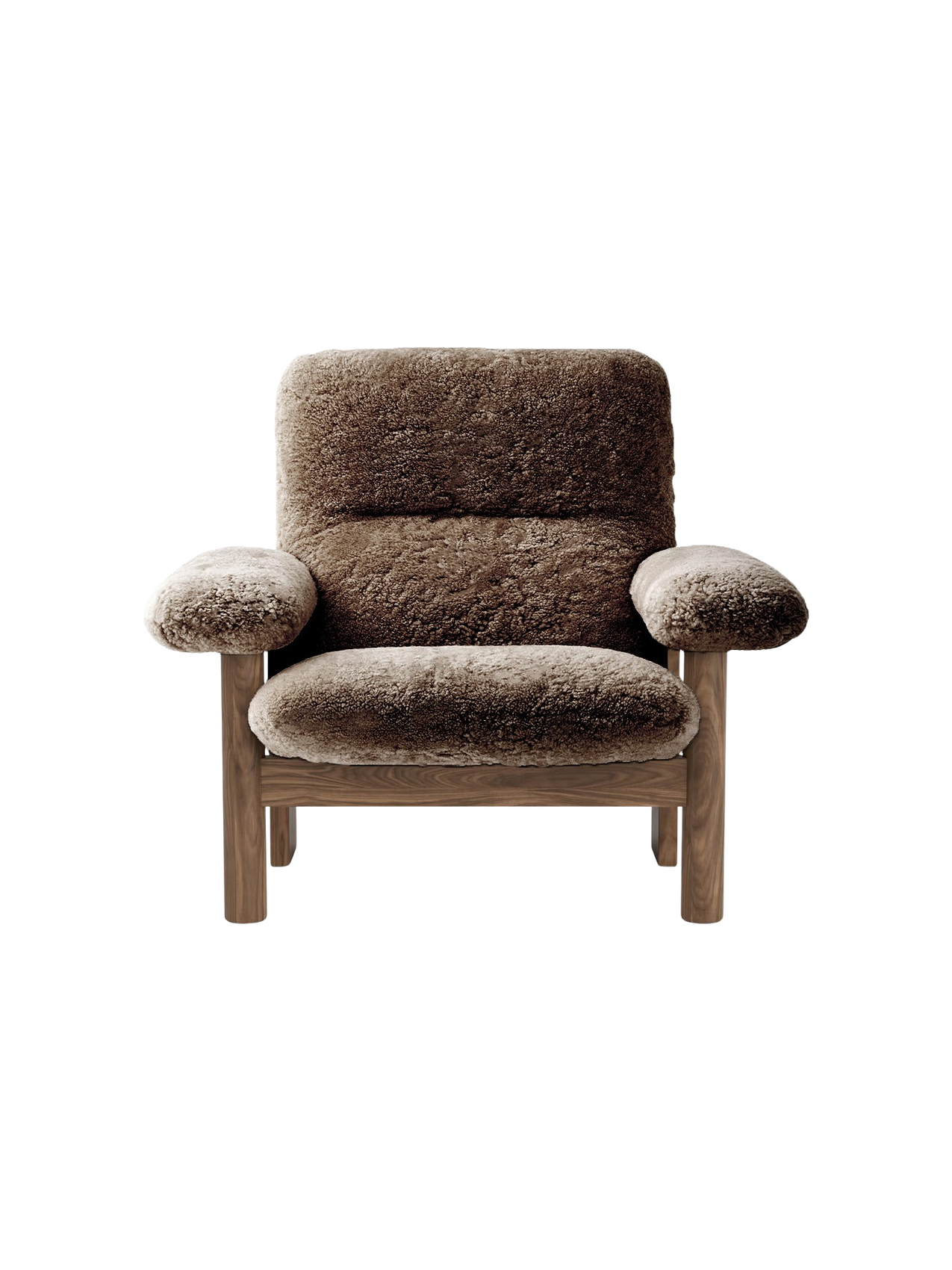 The Brasilia Lounge Chair, High Back, shown front-on. It has a dark wood frame and is upholstered in plush, brown sheepskin.