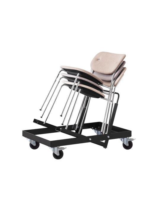 A black metal chair trolley on wheels, holding a stack of five chairs with chrome legs and light beige upholstered backrests.