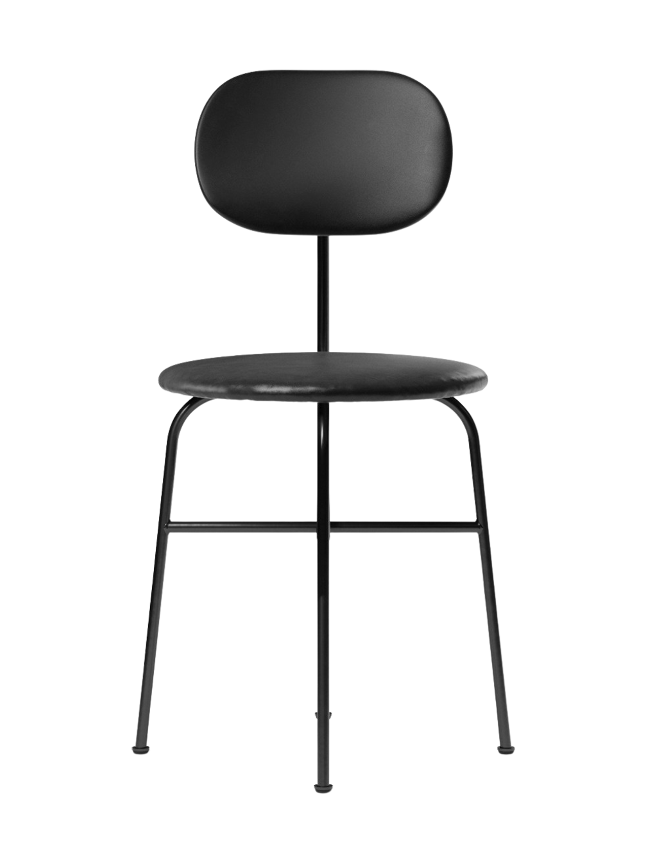 Front view of the Afteroom Dining Chair Plus, fully upholstered in black with a thin tubular steel frame.