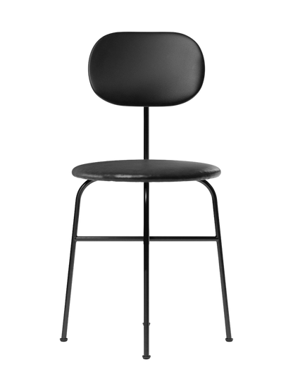 Front view of the Afteroom Dining Chair Plus, fully upholstered in black with a thin tubular steel frame.