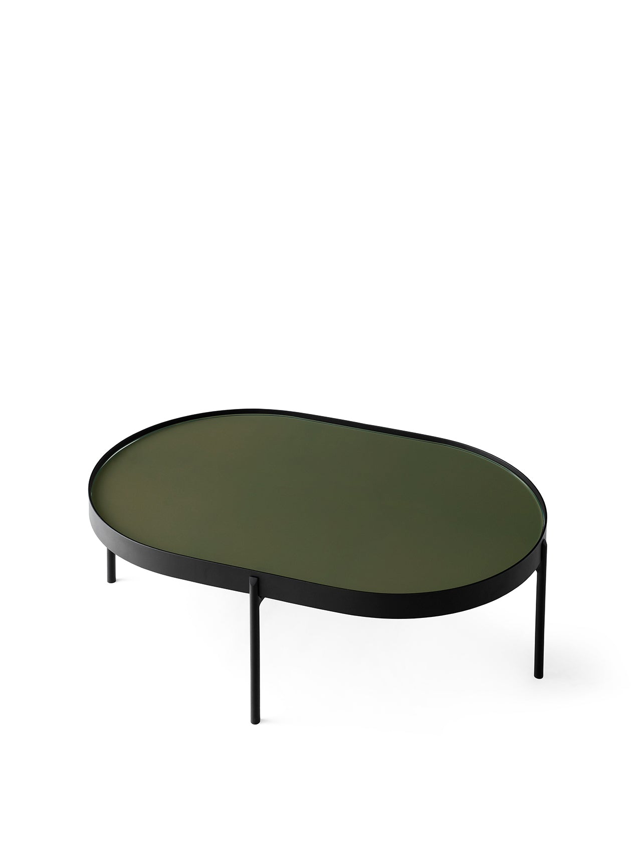 A large NoNo Table with an oval dark green glass top and black steel legs, viewed from an angle against a white background.