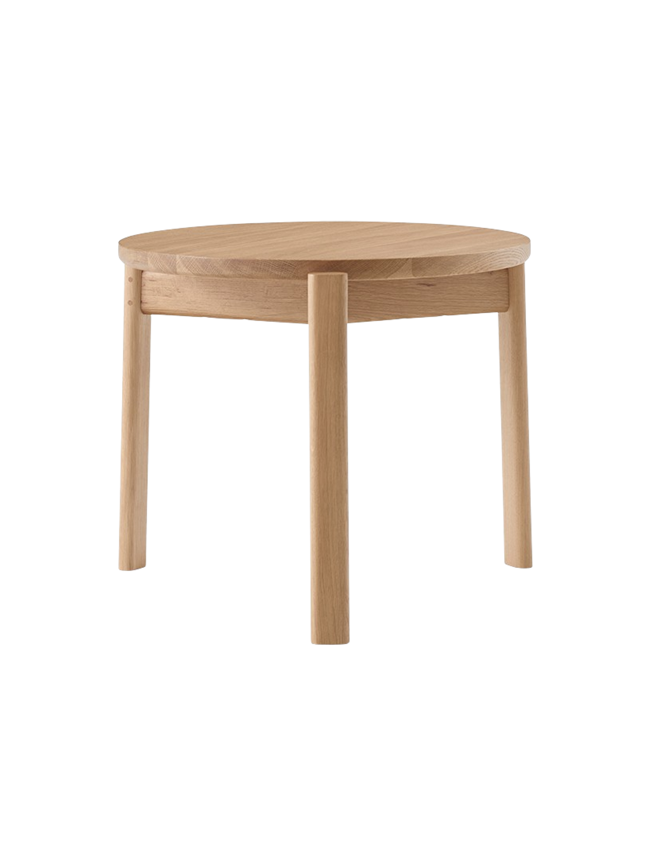 Front view of the Passage Lounge Table in natural oak. The table features a round top and three solid, straight wooden legs.