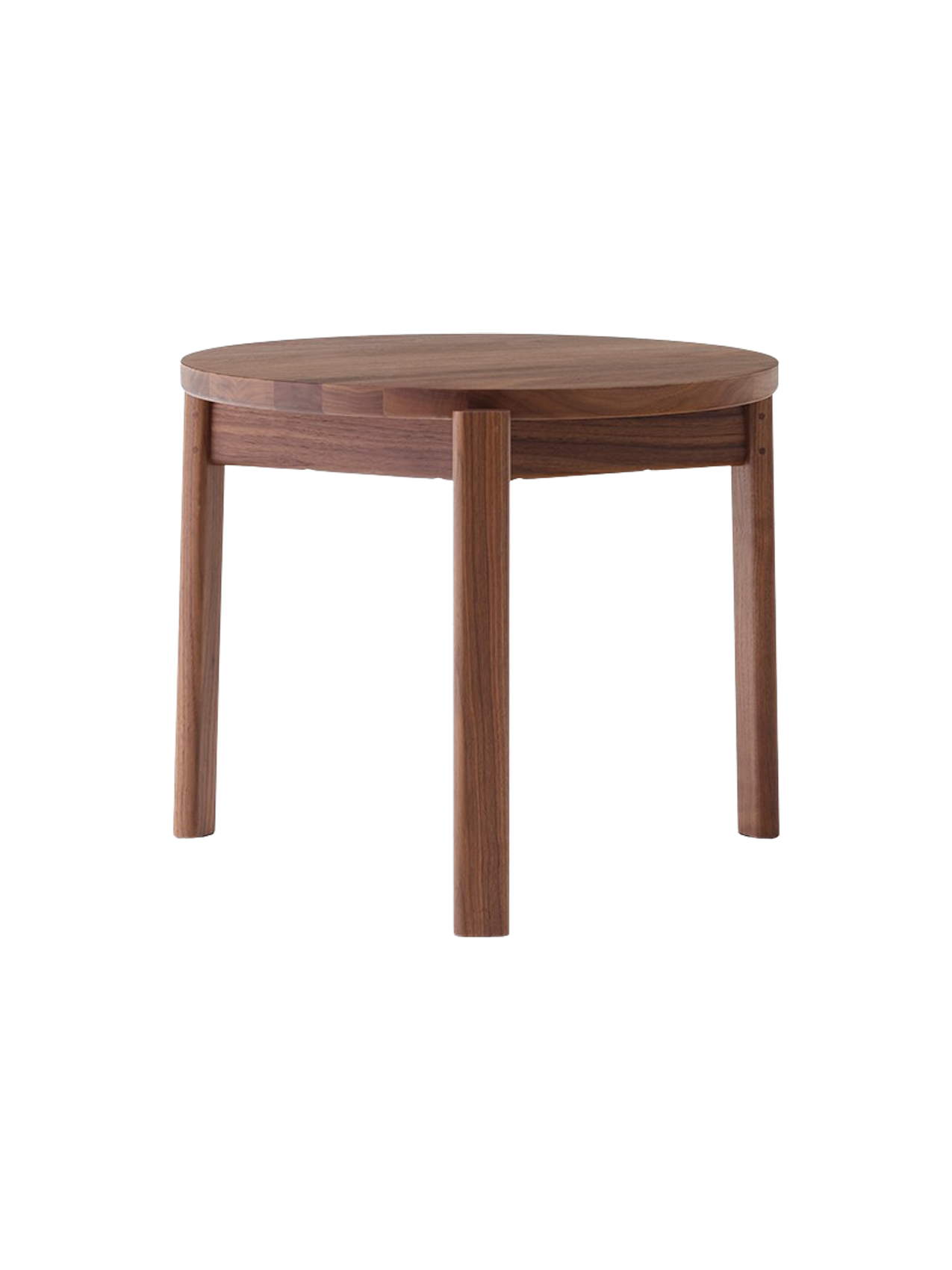 A Passage Lounge Table in dark walnut wood, shown from the front on a black background, with a round top and three legs.