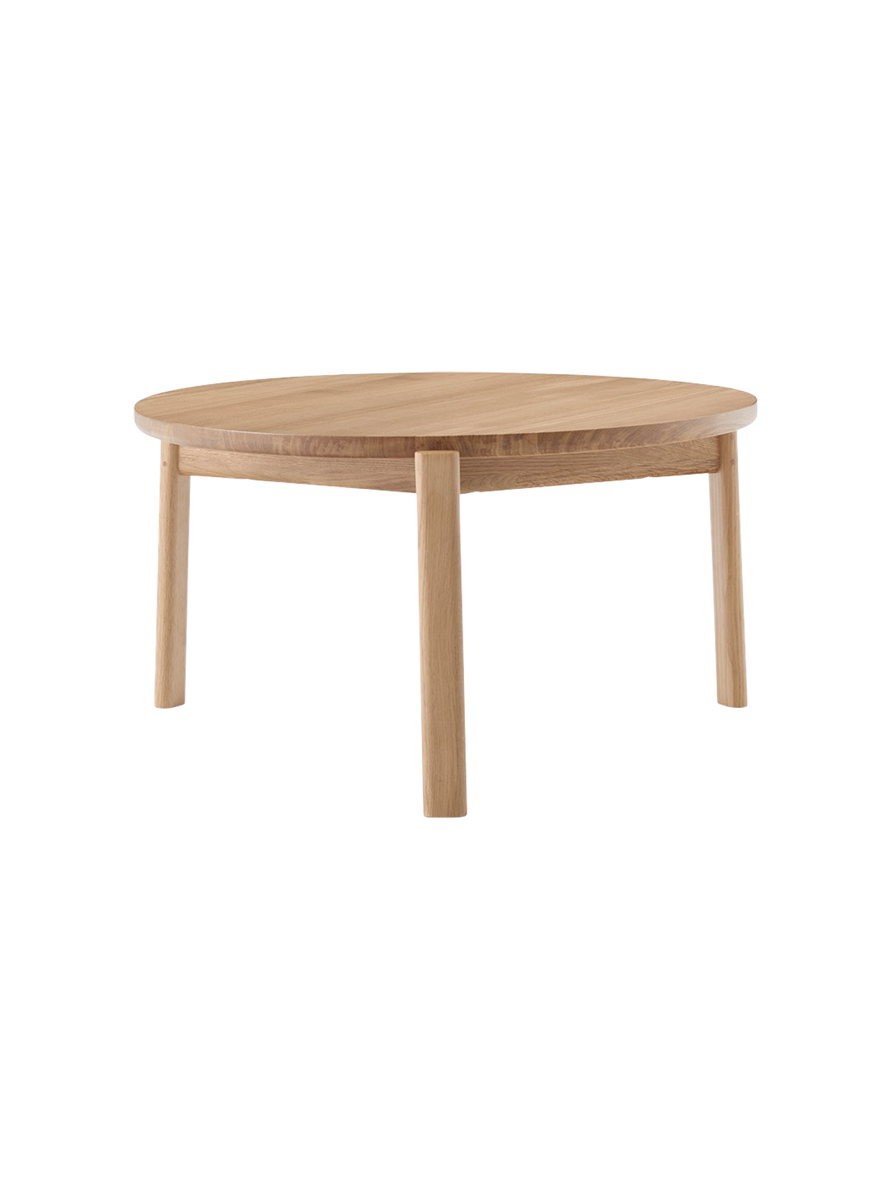 A front-facing image of the round Passage Lounge Table in natural oak, showcasing its circular top and four solid wood legs.