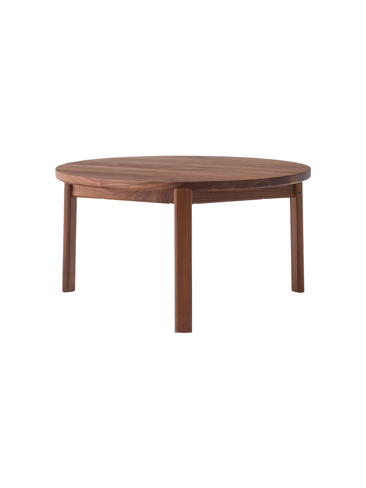 A solid walnut Passage Lounge Table with a round top and four straight legs, against a plain black background.