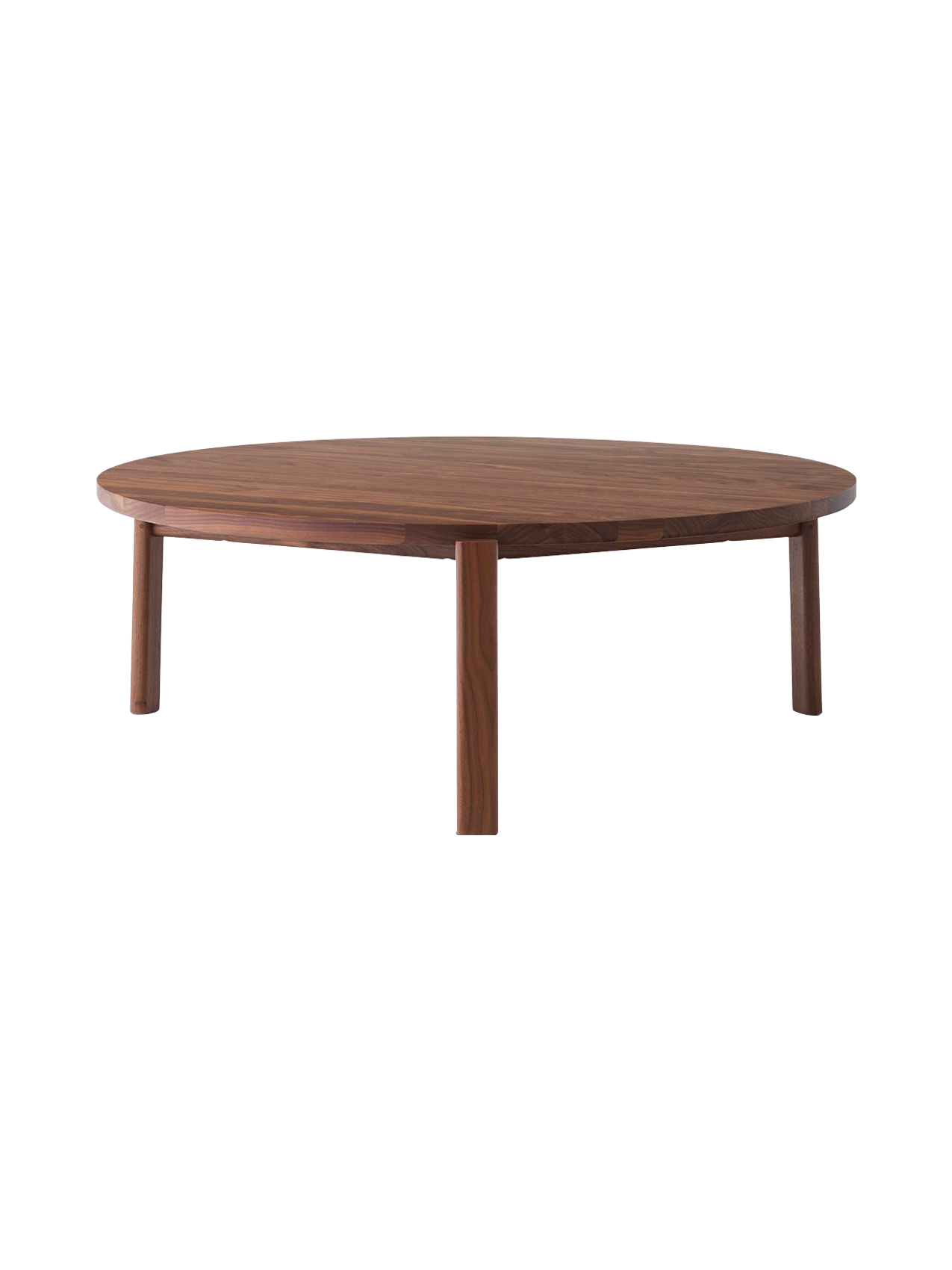 A front-facing image of the Passage Lounge Table in walnut. The round, wooden coffee table has four legs and a smooth finish.