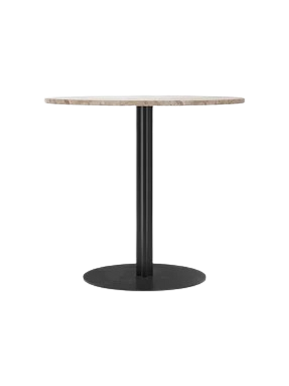 Harbour Column Dining Table with a round Kunis Breccia stone top on a slender black pedestal with a circular base.