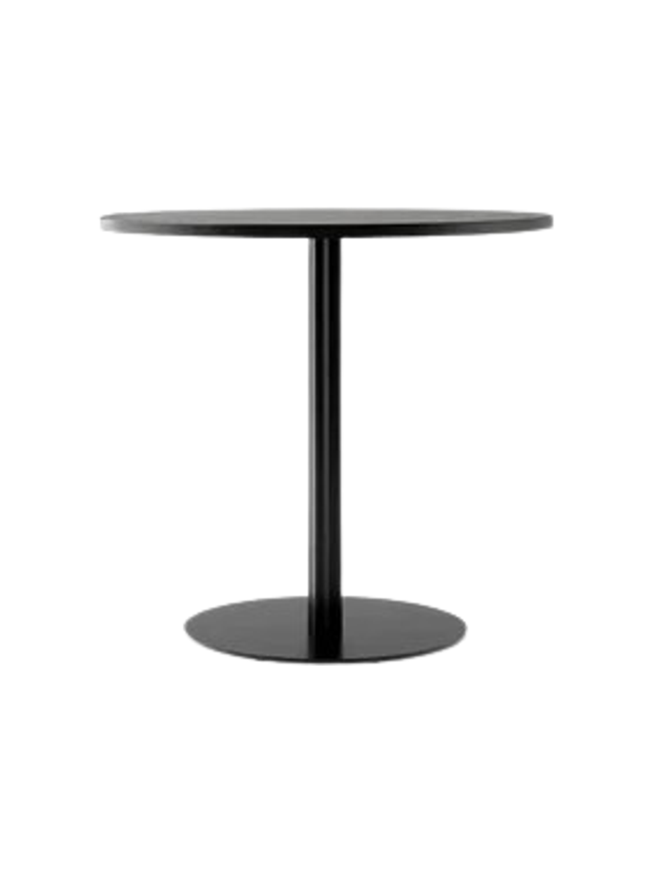 A front-on view of the Harbour Column Dining Table with a round charcoal linoleum top and a black column on a round base.
