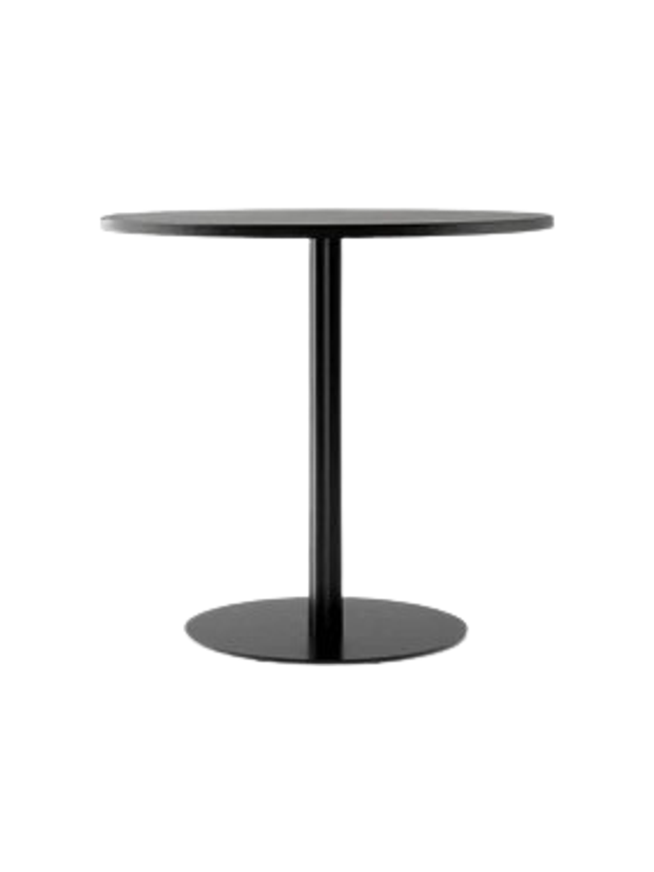 A Harbour Column Dining Table with a round, black oak veneer top and a matching black metal column with a circular base.
