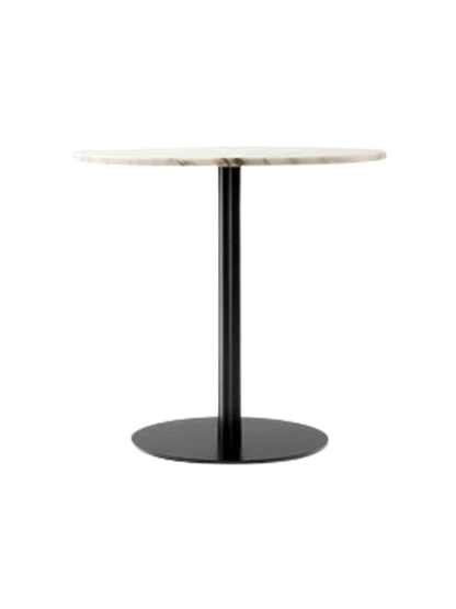 Harbour Column Dining Table with a round off-white marble top, supported by a single black column and a circular black base.