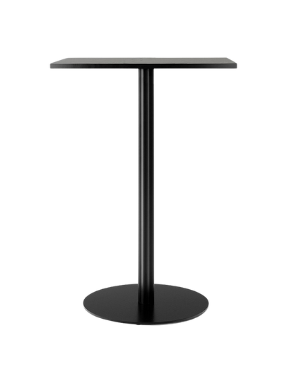 A front view of the Harbour Column Counter Table with a rectangular charcoal linoleum top and a slender black column base.