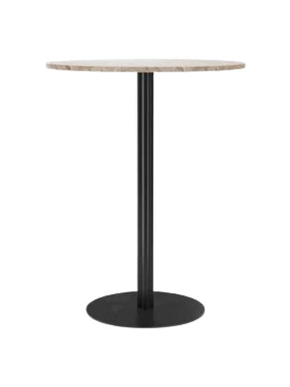 Front view of the Harbour Column Bar Table with a round Kunis Breccia stone top, on a slender black column and round base.