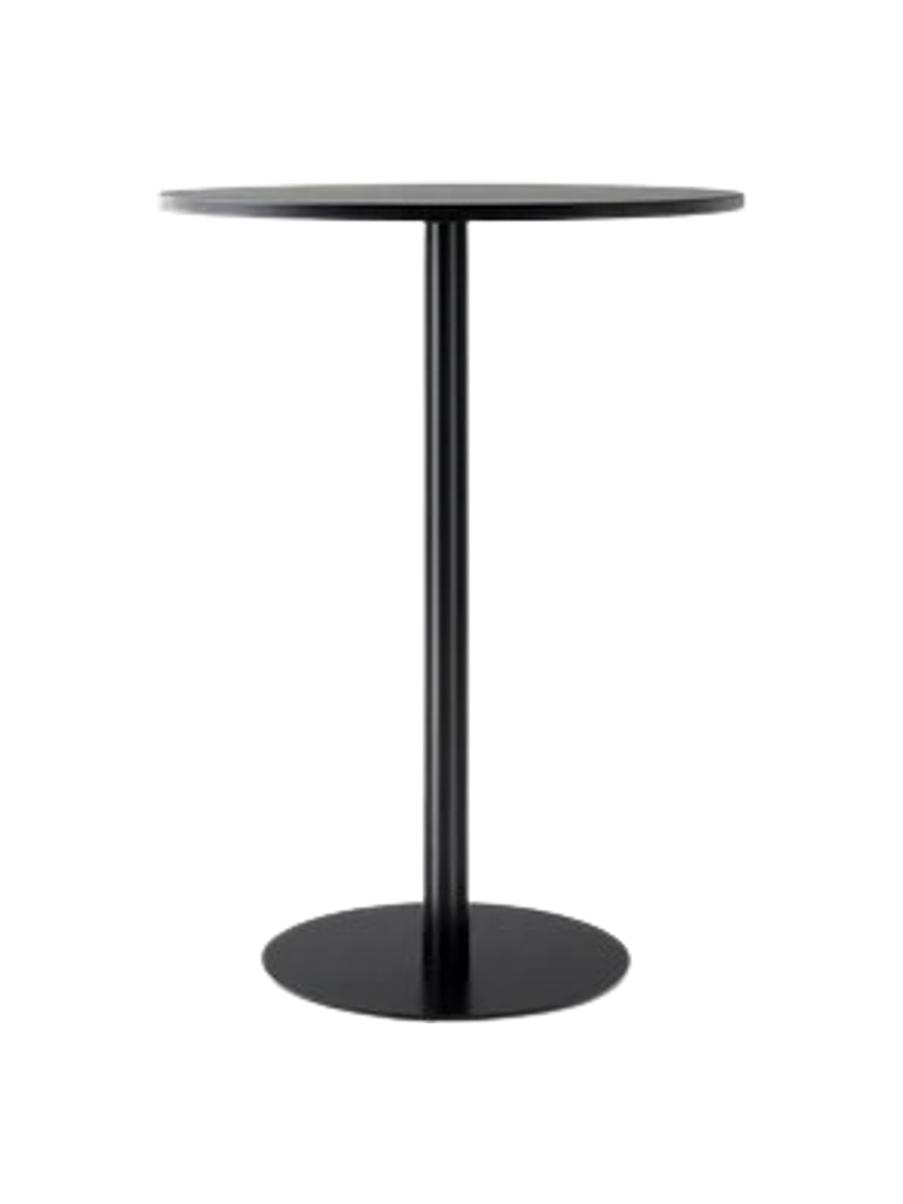 A studio photograph of the Harbour Column Bar Table, featuring a round top in charcoal linoleum on a black column and base.