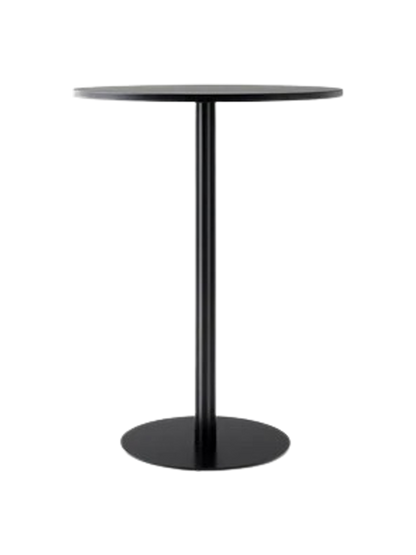 A studio photograph of the Harbour Column Bar Table, featuring a round top in charcoal linoleum on a black column and base.