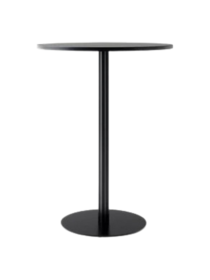 A Harbour Column Bar Table with a round, black-stained oak veneer top and slender black powder-coated steel column and base.
