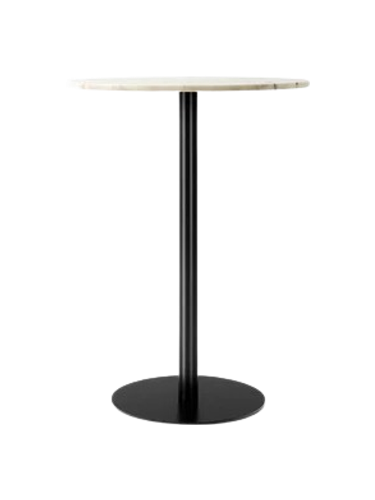 A Harbour Column Bar Table with a round off-white marble top, a slender black central column, and a flat circular black base.