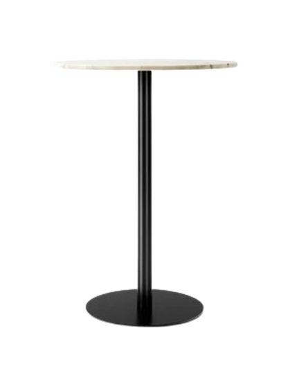 A Harbour Column Bar Table with a round off-white marble top, a slender black central column, and a flat circular black base.