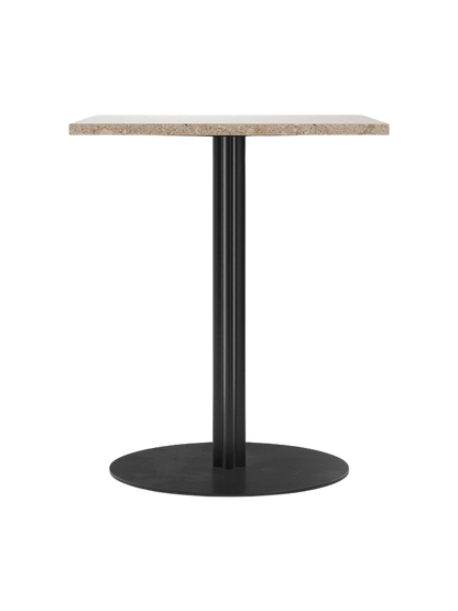 Front-on view of the Harbour Column Dining Table with a rectangular Kunis Breccia stone top and black column and round base.