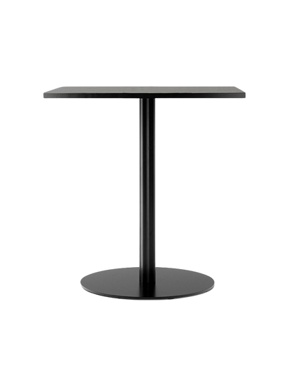 A Harbour Column Dining Table with a rectangular charcoal linoleum top, a slim black metal column, and a circular black base.
