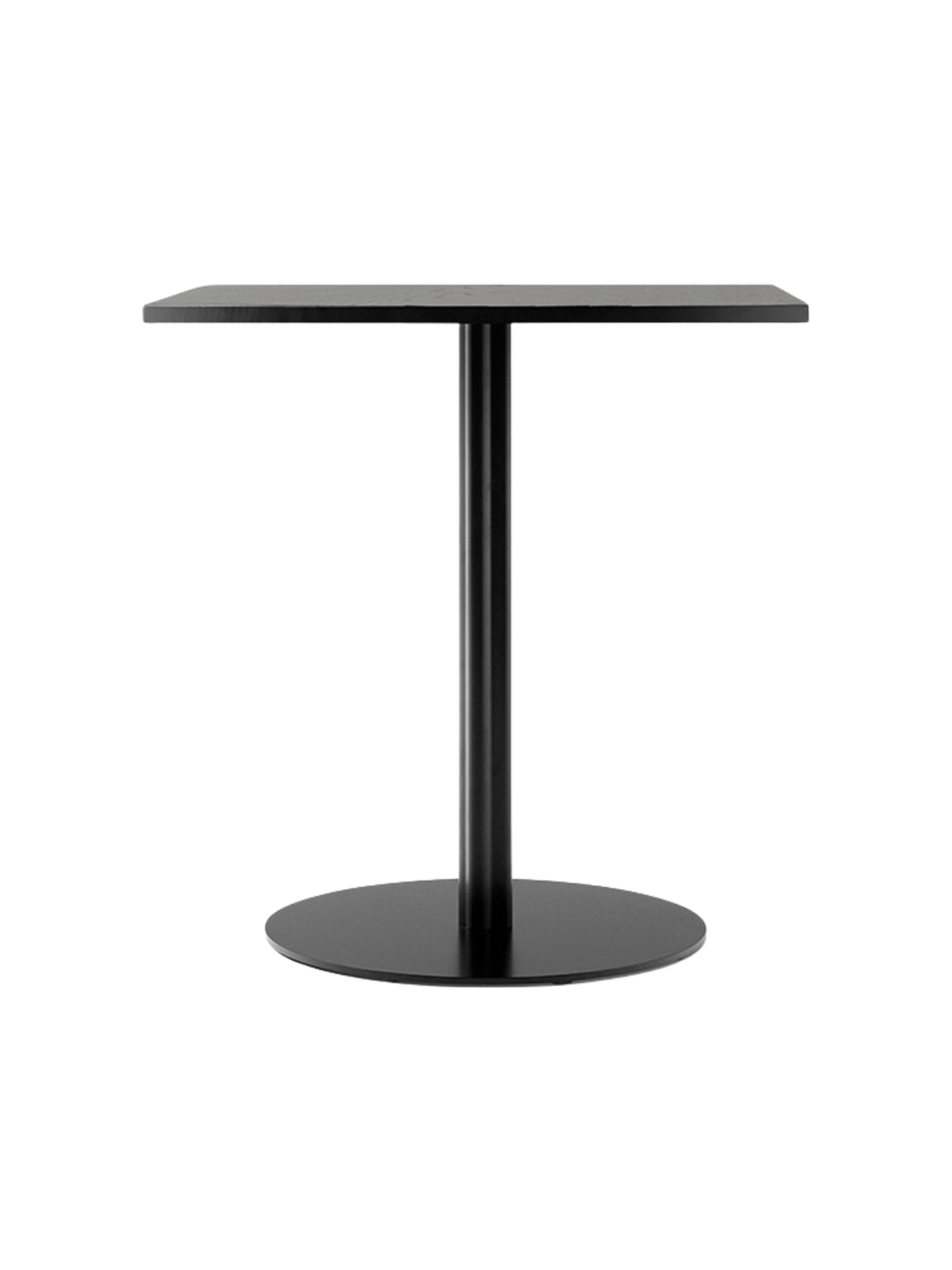 A Harbour Column Dining Table with a rectangular black veneer top and a matching black metal column with a round base.