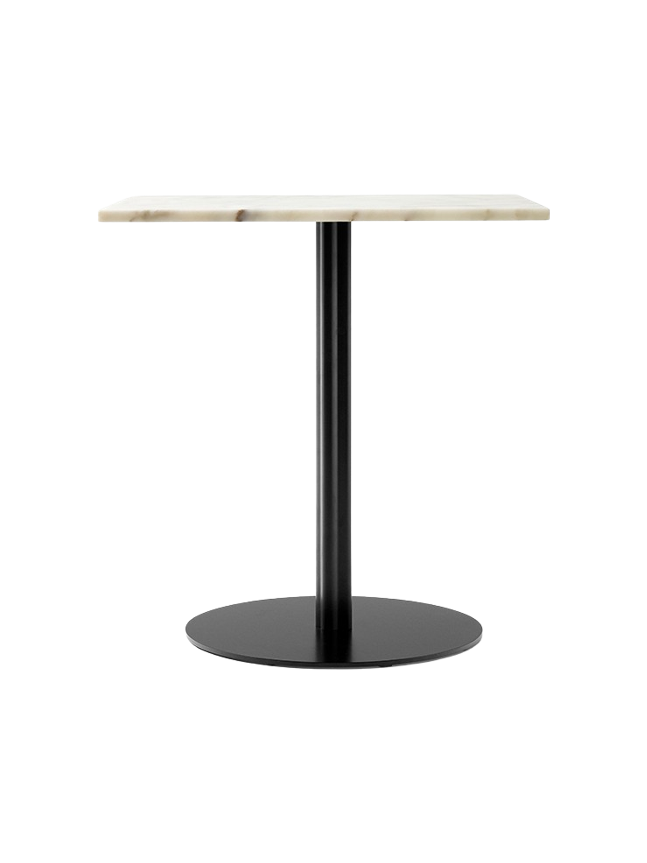 The Harbour Column Dining Table with a rectangular off-white marble top, standing on a single black column with a round base.