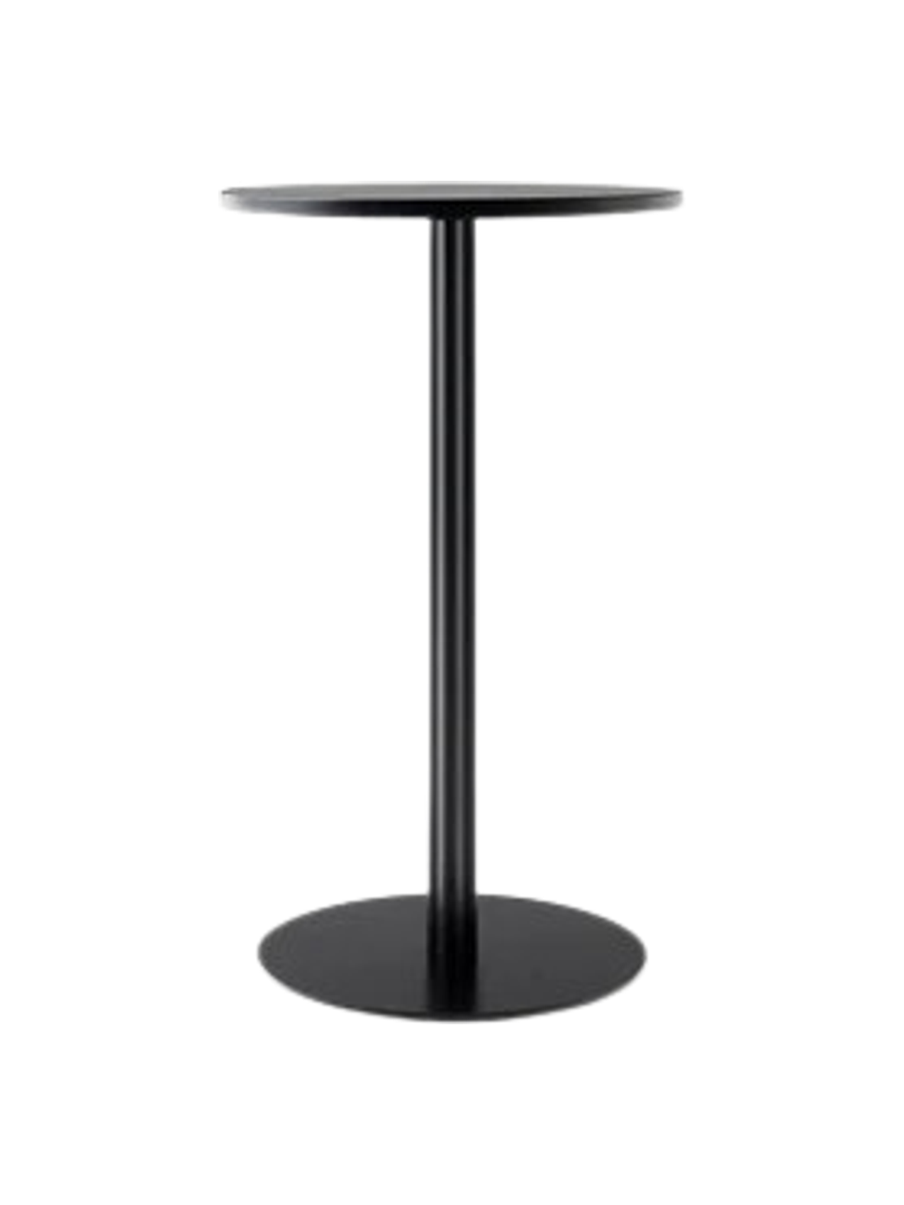 The Harbour Column Counter Table with a round charcoal linoleum top and a slim black column on a round black base.