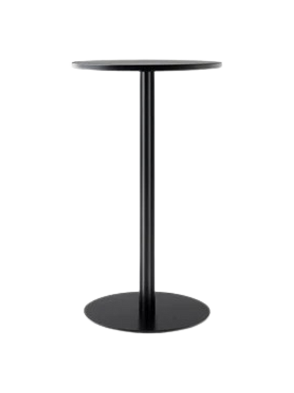 A front view of the all-black Harbour Column Counter Table with a round top, slim central column, and a flat circular base.