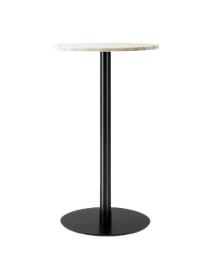 The Harbour Column Counter Table with a round, off-white marble top and a slender black column with a circular base.