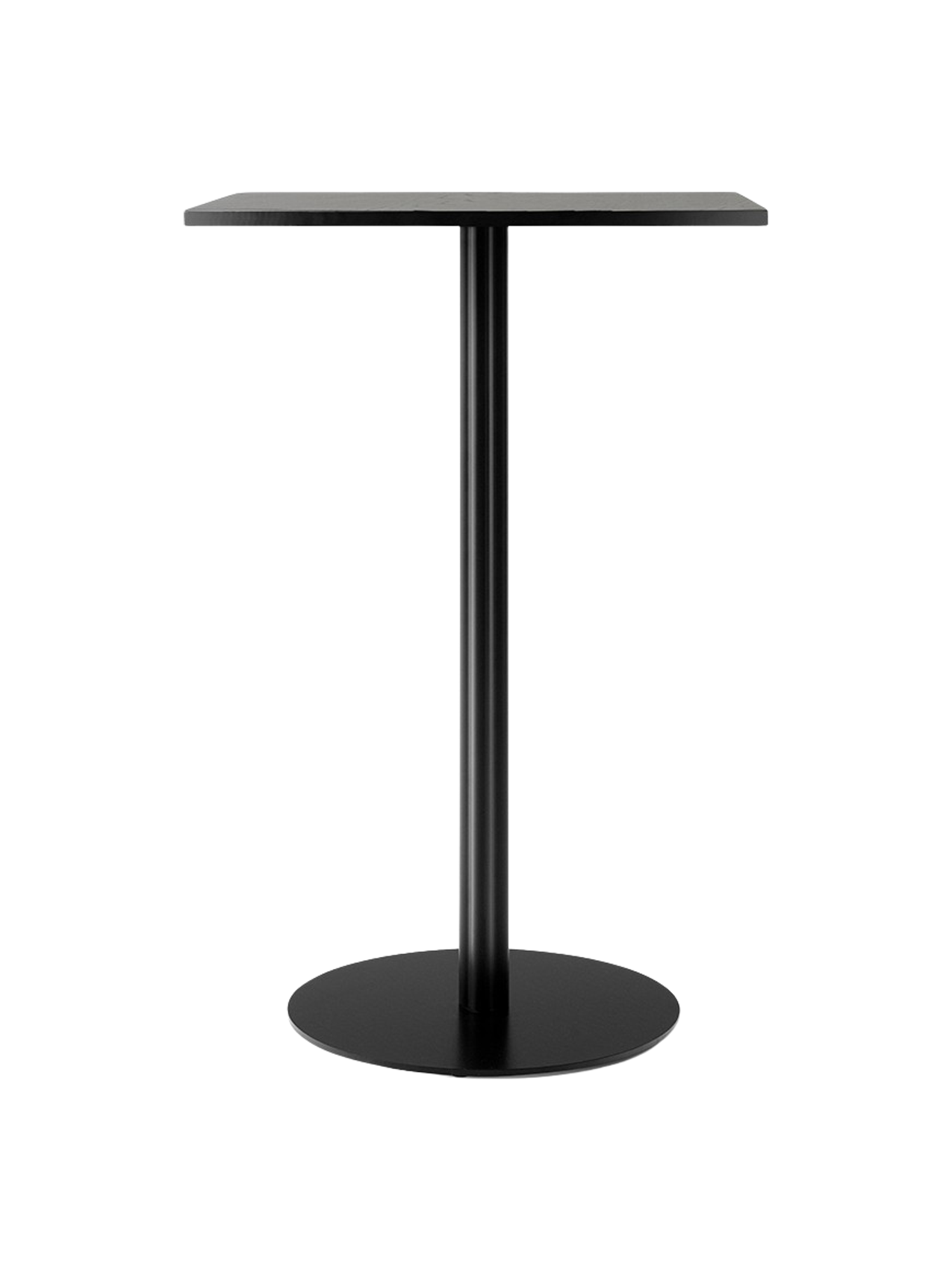 A Harbour Column Bar Table with a rectangular black oak veneer top and a slim, black powder-coated column on a round base.