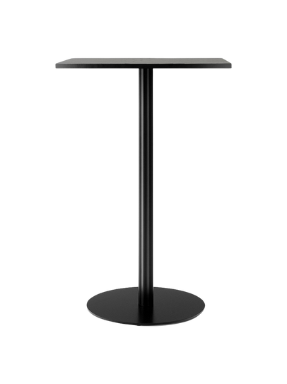 A Harbour Column Bar Table with a rectangular black oak veneer top and a slim, black powder-coated column on a round base.