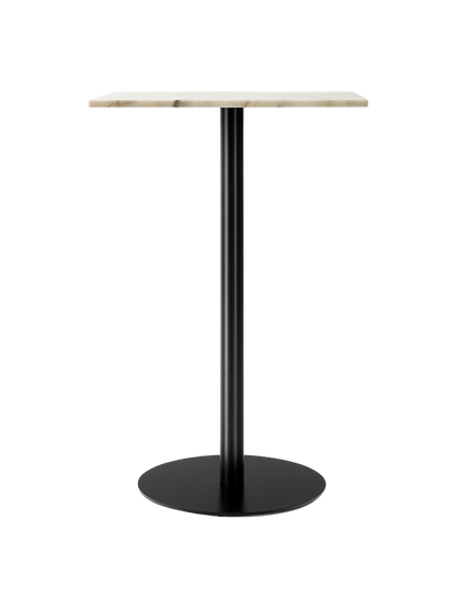 Harbour Column Bar Table with a rectangular off-white marble top, a slender black column, and a round black base.