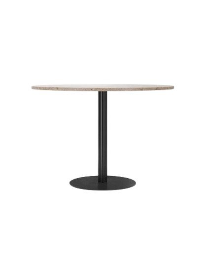 Front view of the Harbour Column Dining Table with a round Kunis Breccia stone top and a black metal column on a round base.