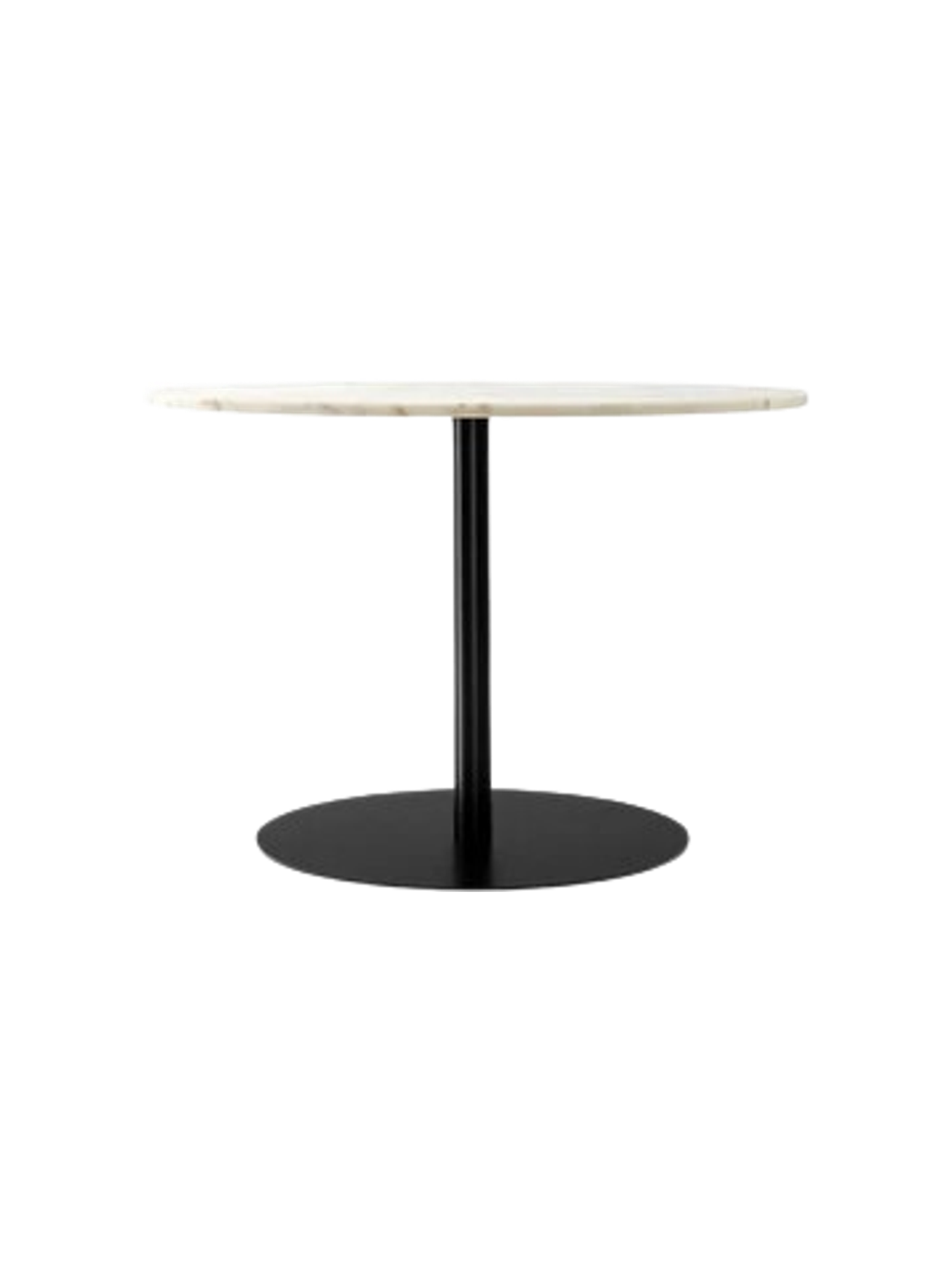 Side view of the Harbour Column Dining Table, featuring a round off-white marble top, slender black column, and round base.