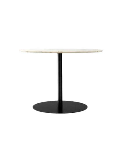 Side view of the Harbour Column Dining Table, featuring a round off-white marble top, slender black column, and round base.