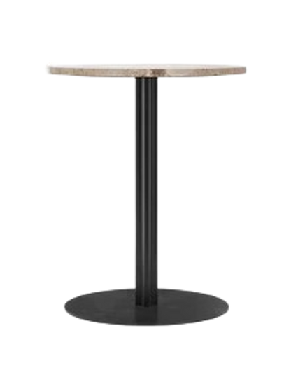 Front view of the Harbour Column Dining Table with a round Kunis Breccia stone top, a slim black metal column and base.