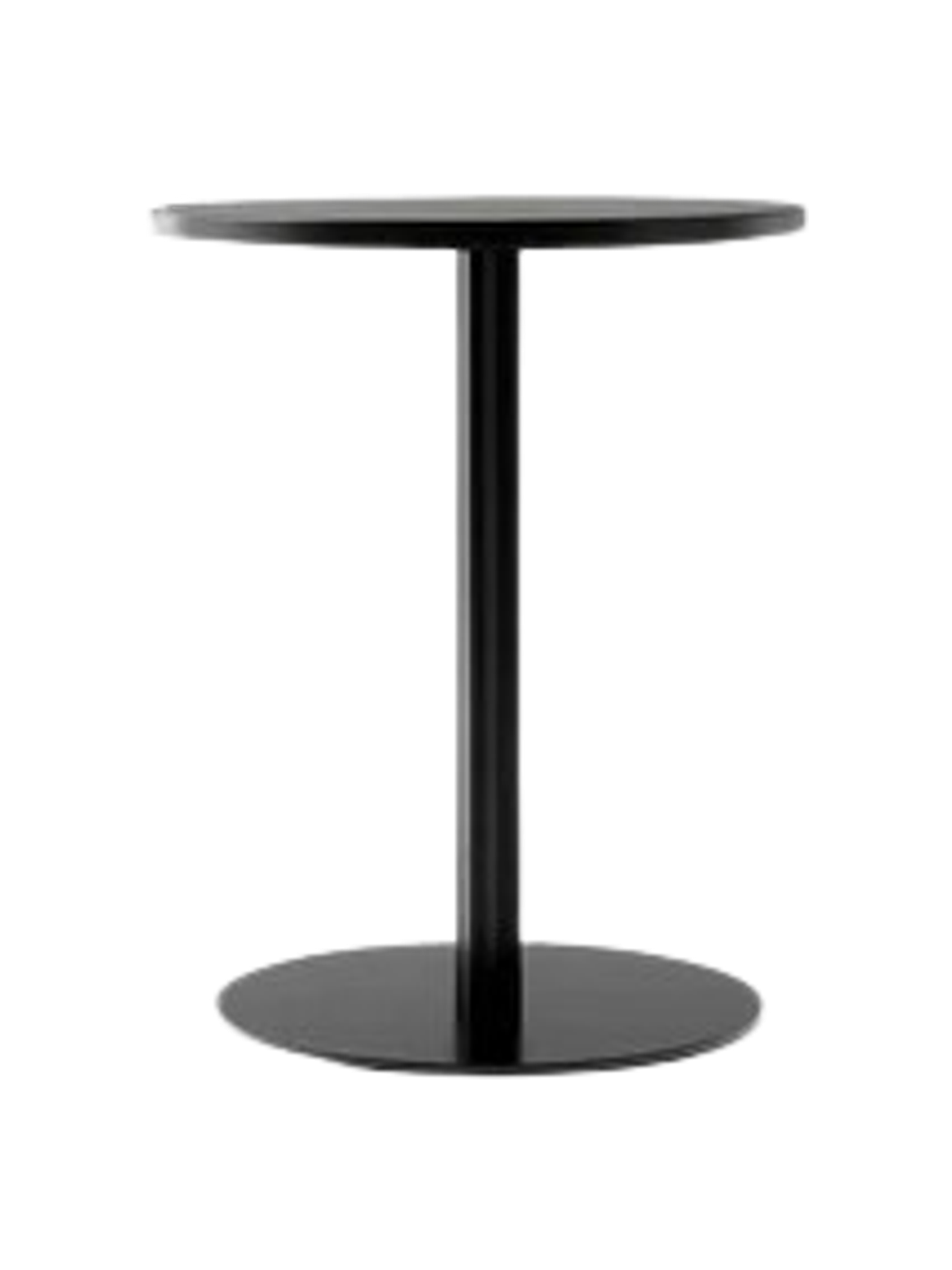 Front view of the black Harbour Column Dining Table with a round charcoal linoleum top and a slim column with a round base.