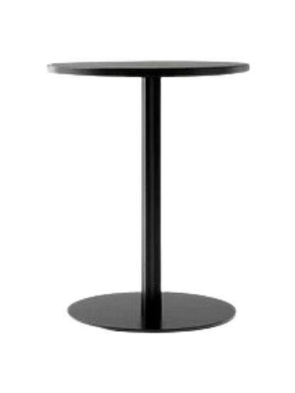 Front view of the black Harbour Column Dining Table with a round charcoal linoleum top and a slim column with a round base.