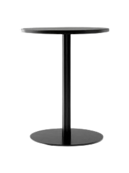 Front view of the all-black Harbour Column Dining Table, featuring a round top, a slim central pillar, and a flat round base.