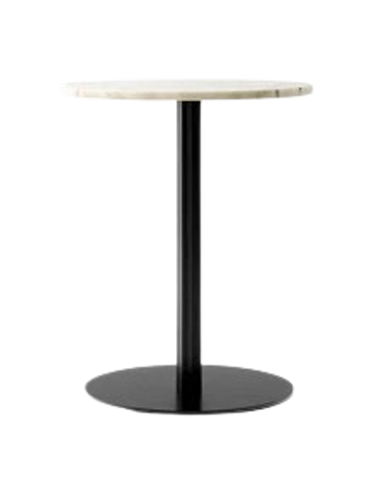 Harbour Column Dining Table with a round off-white marble top, a slender black column and a flat round black base.