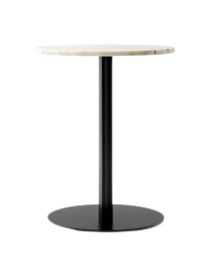 Harbour Column Dining Table with a round off-white marble top, a slender black column and a flat round black base.