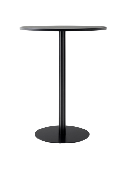 A Harbour Column Counter Table with a round charcoal linoleum tabletop and a black column base against a black background.