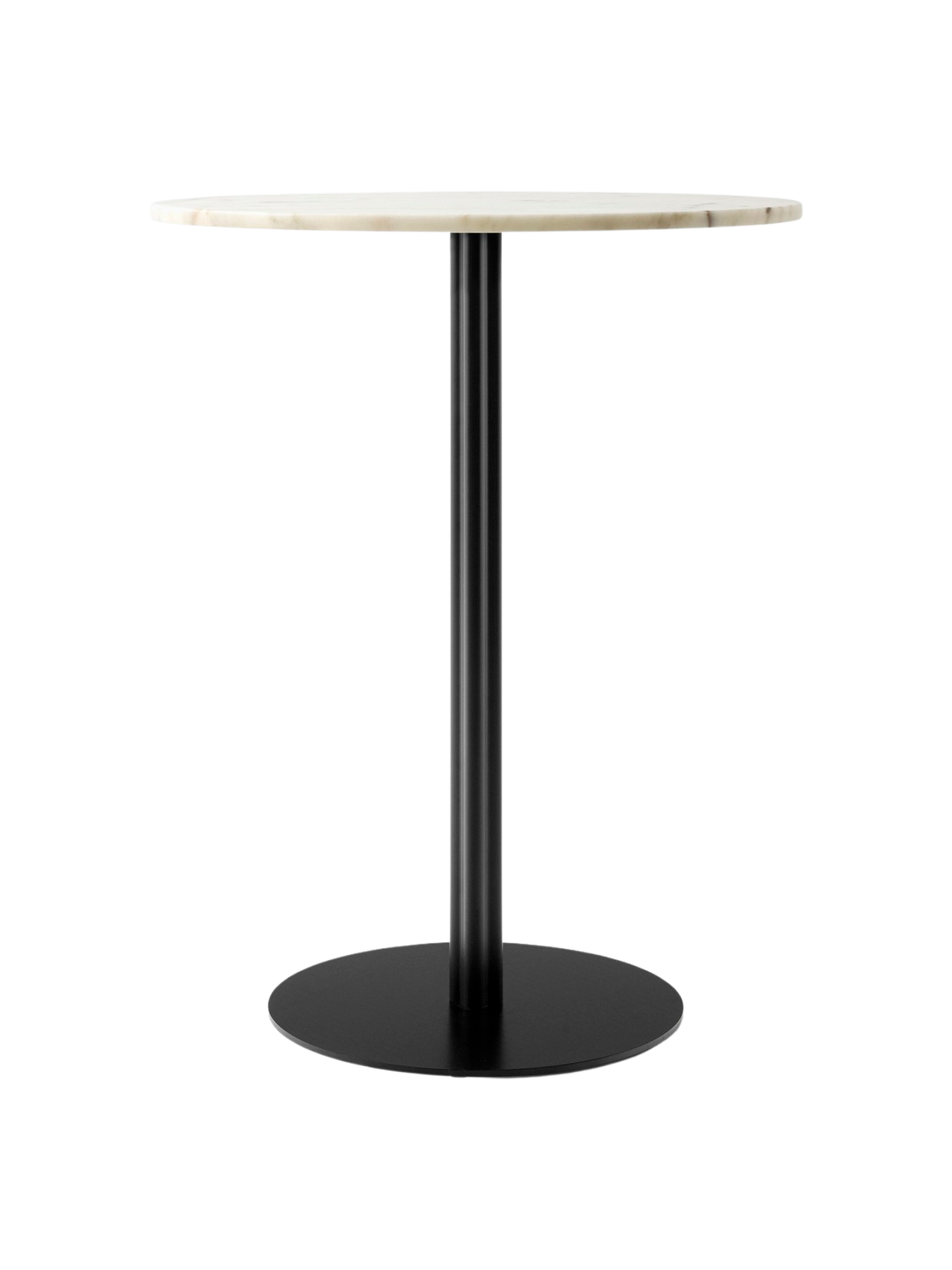 A front view of the Harbour Column Counter Table with a round, off-white marble top on a slim black central column and base.