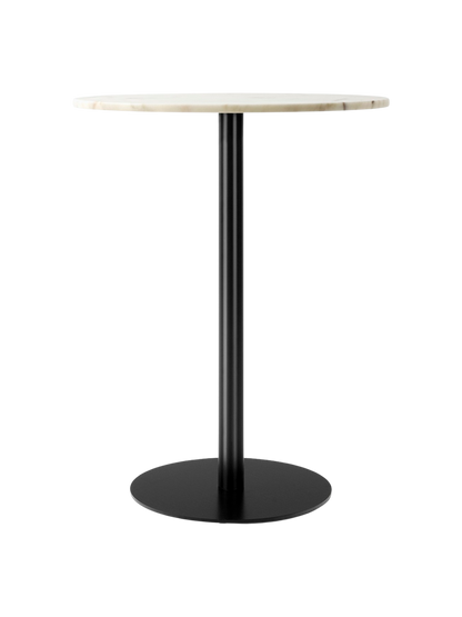 A front view of the Harbour Column Counter Table with a round, off-white marble top on a slim black central column and base.