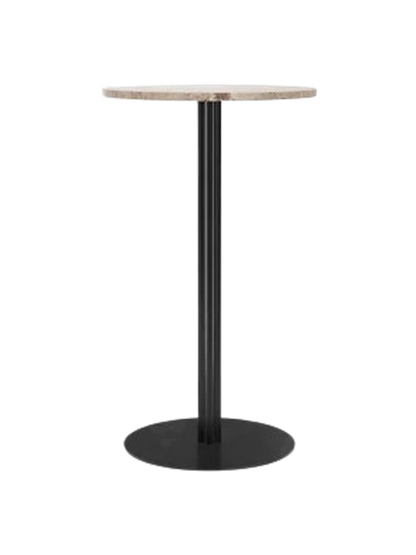 Front view of the Harbour Column Bar Table with a round Kunis Breccia stone top, a slim black column and a round base.