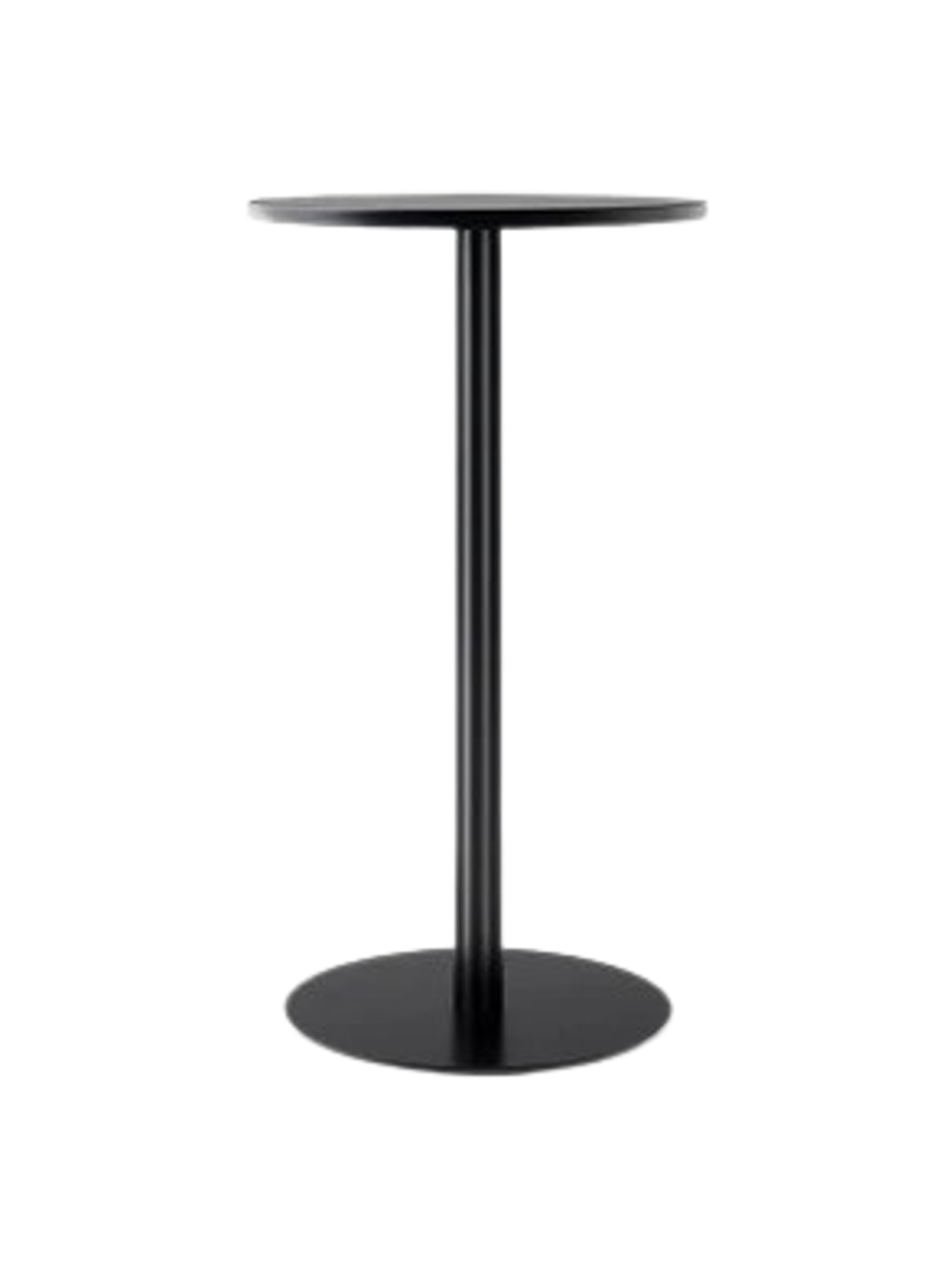 A black Harbour Column Bar Table with a round charcoal linoleum top, a slim central column, and a flat circular base.