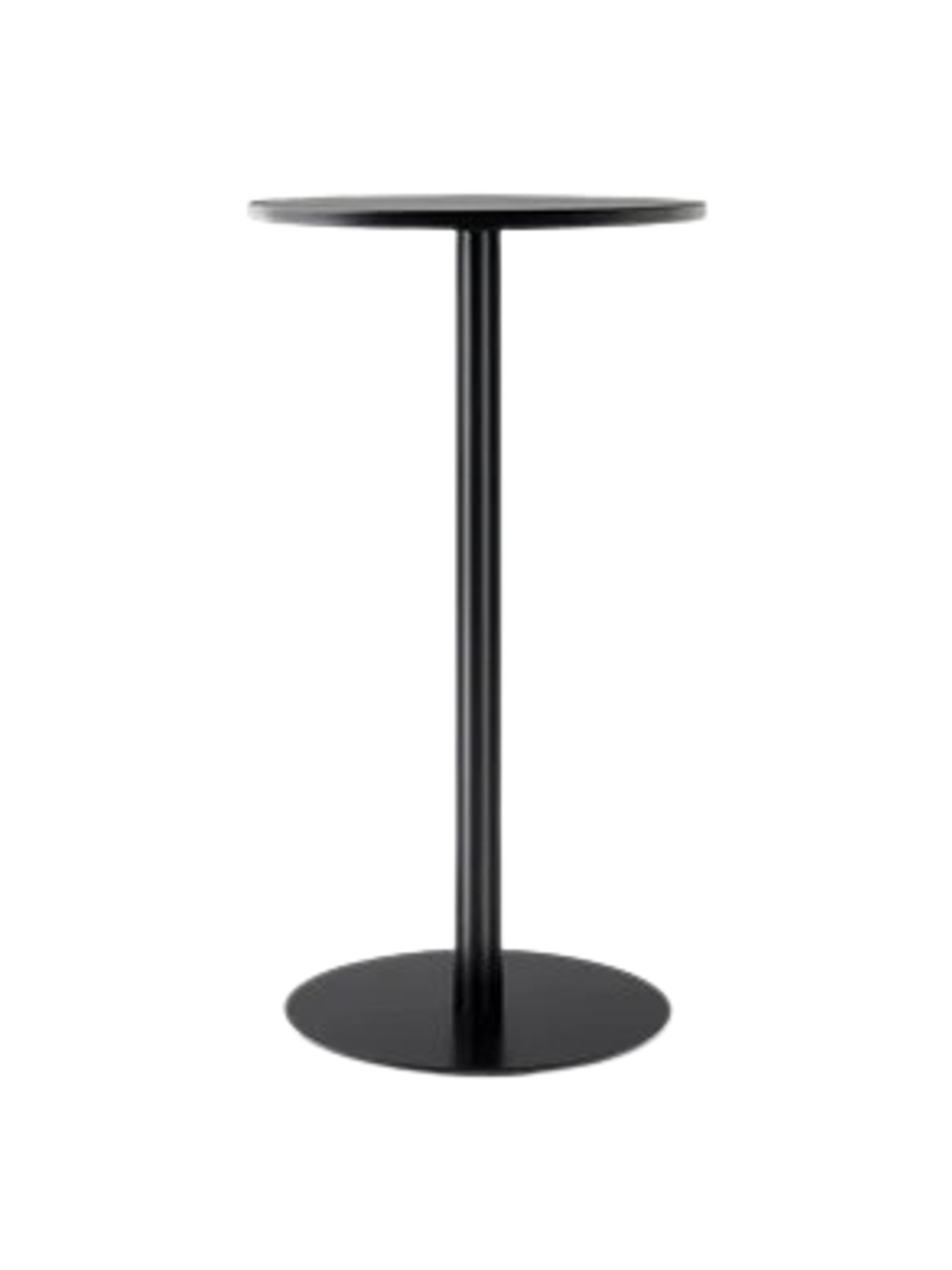 A full profile view of the Harbour Column Bar Table in black, with a round tabletop, a single slender leg, and a round base.