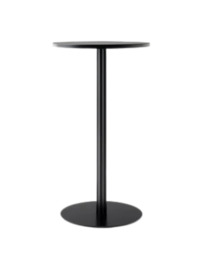 A full profile view of the Harbour Column Bar Table in black, with a round tabletop, a single slender leg, and a round base.